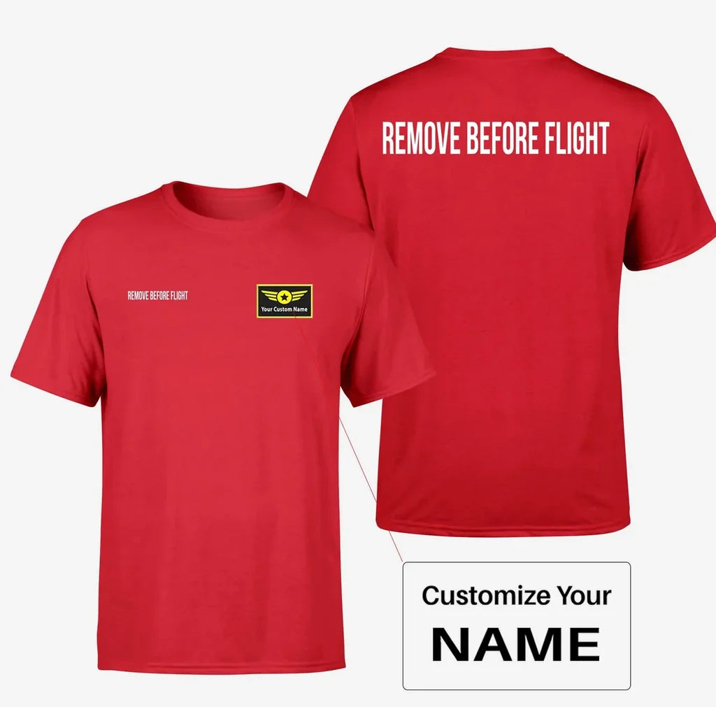 Remove Before Flight 2 aviation design printed on soft cotton double-side print T-shirt.