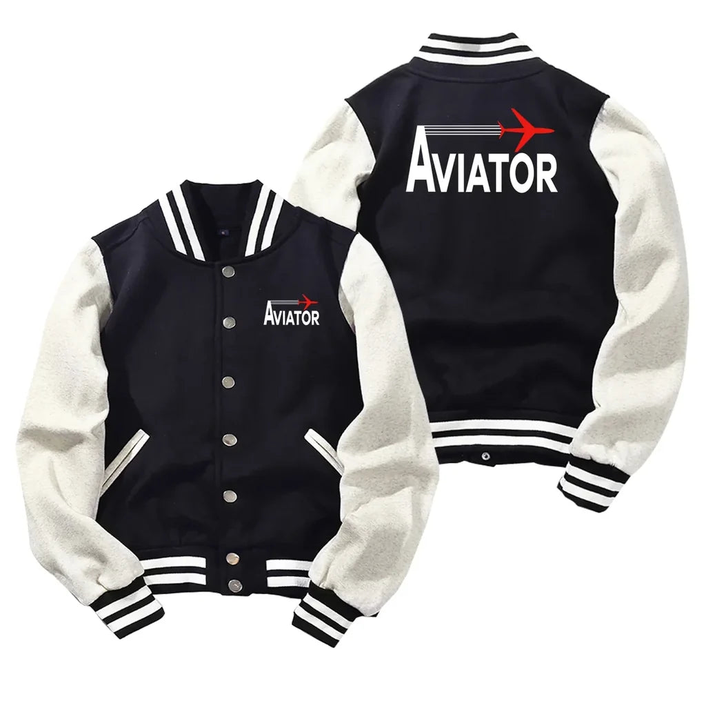 Aviator Baseball Style aviation design printed on two-tone shell with ribbed cuffs baseball jacket.