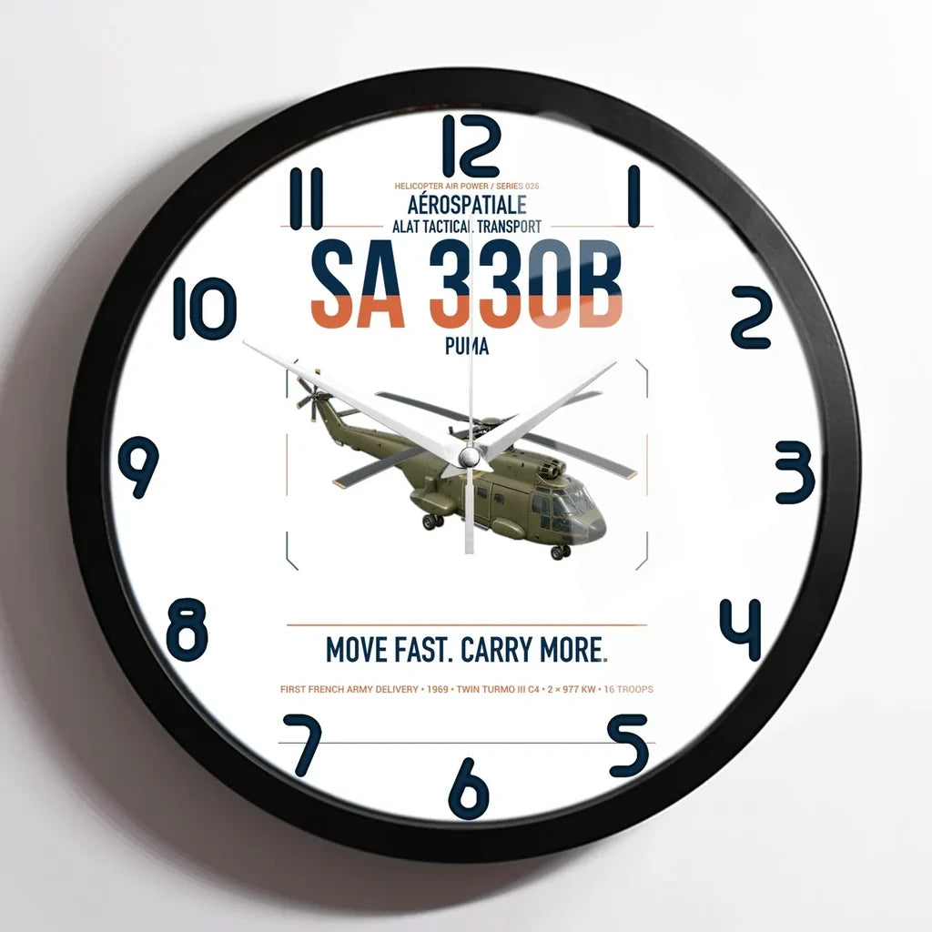 Aérospatiale SA 330B Puma design on white framed wall clock