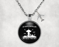 Thumbnail for Side view of Air Traffic Controllers - We Rule The Sky aviation necklace in stainless steel, polished finish.