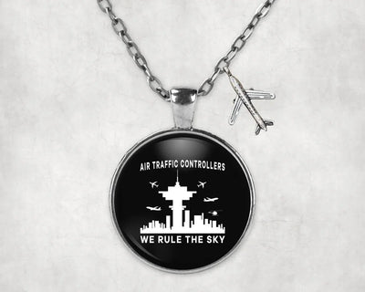 Side view of Air Traffic Controllers - We Rule The Sky aviation necklace in stainless steel, polished finish.
