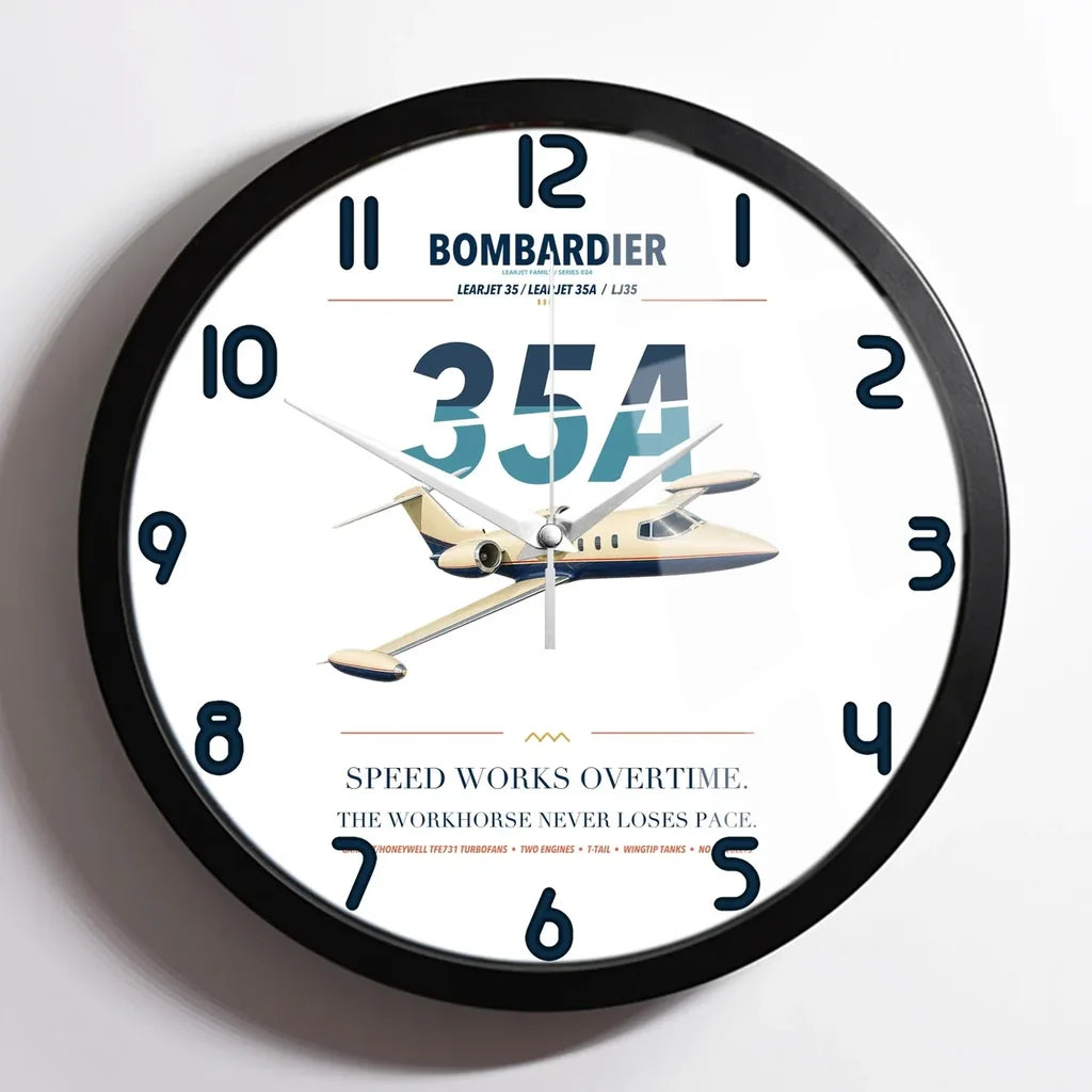 Bombardier Learjet 35A design on white framed wall clock