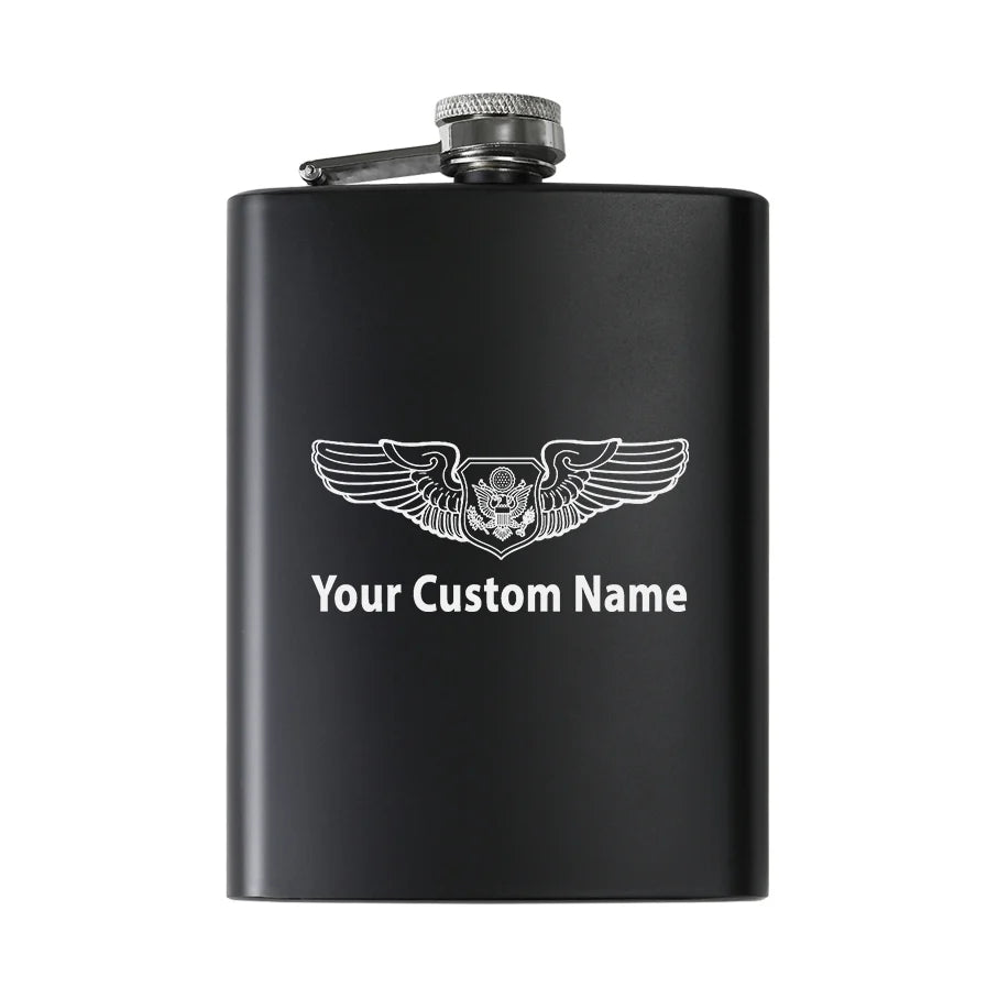 Custom Name (Special US Air Force) aviation design on stainless hip flask, compact pocket-size flask.