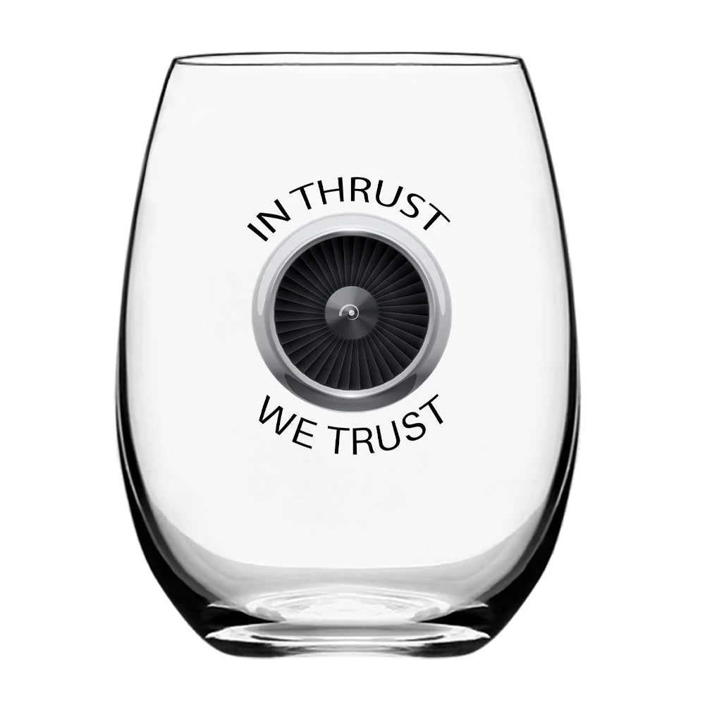 In Thrust We Trust Water & Drink aviation design on water glass, crystal-clear premium glassware.