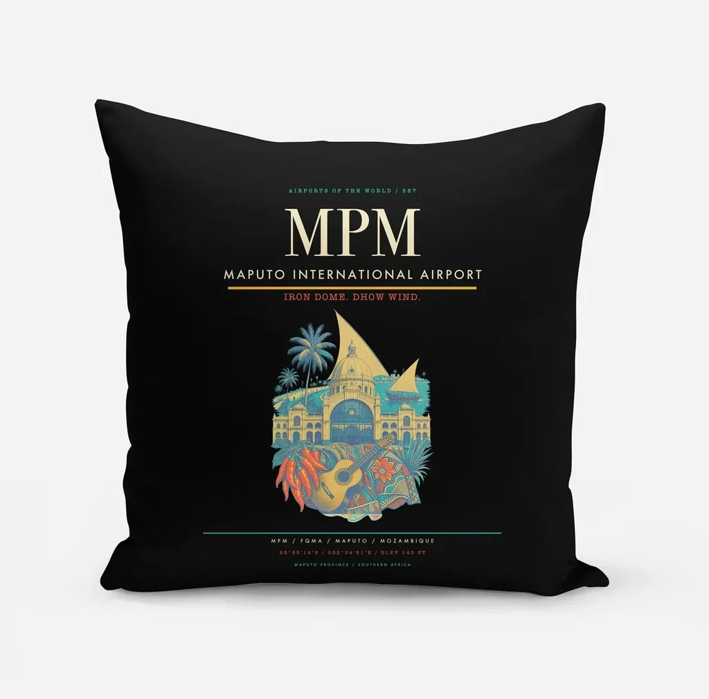 Maputo International Airport (MPM) design on black pillow