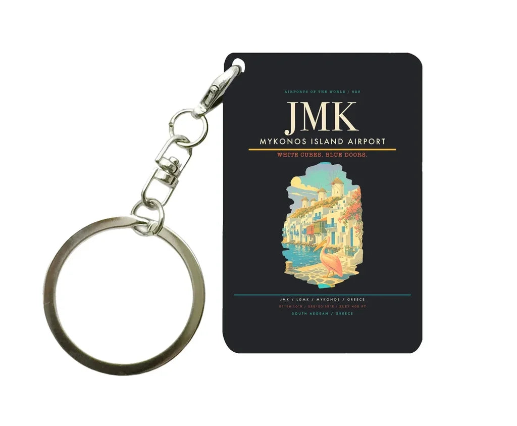 Mykonos Island Airport (JMK) design on black key chain