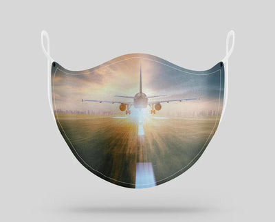 Airplane Flying Over Runway aviation face mask in breathable cotton blend.