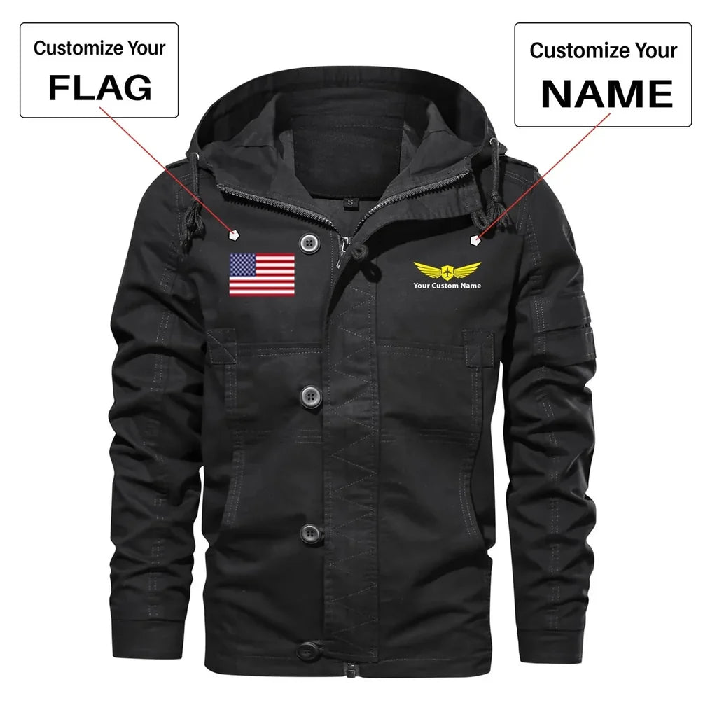 Custom Flag & Name "Badge 2" aviation design printed on heavy cotton shell with classic fit cotton jacket.