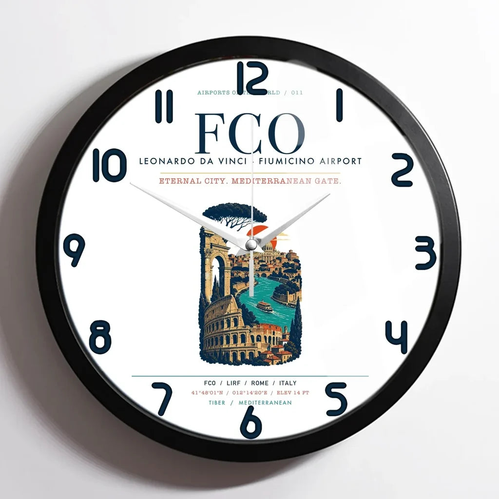 Rome Leonardo da Vinci Fiumicino Airport (FCO) design on white framed wall clock