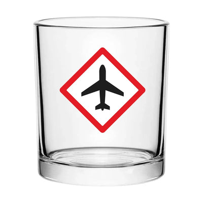 Airplane Warning aviation design on whiskey glass, special-edition crystal cut.