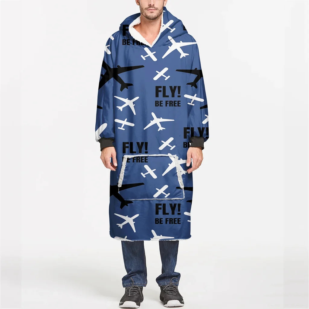 Fly Be Free Blue aviation design on soft fleece blanket hoodie.