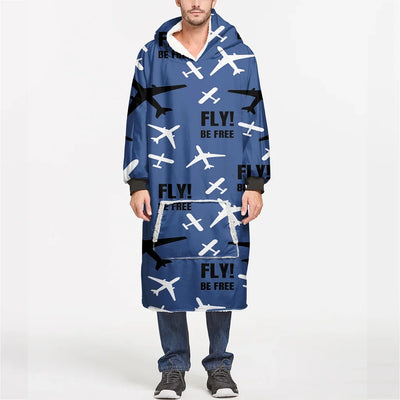 Fly Be Free Blue aviation design on soft fleece blanket hoodie.