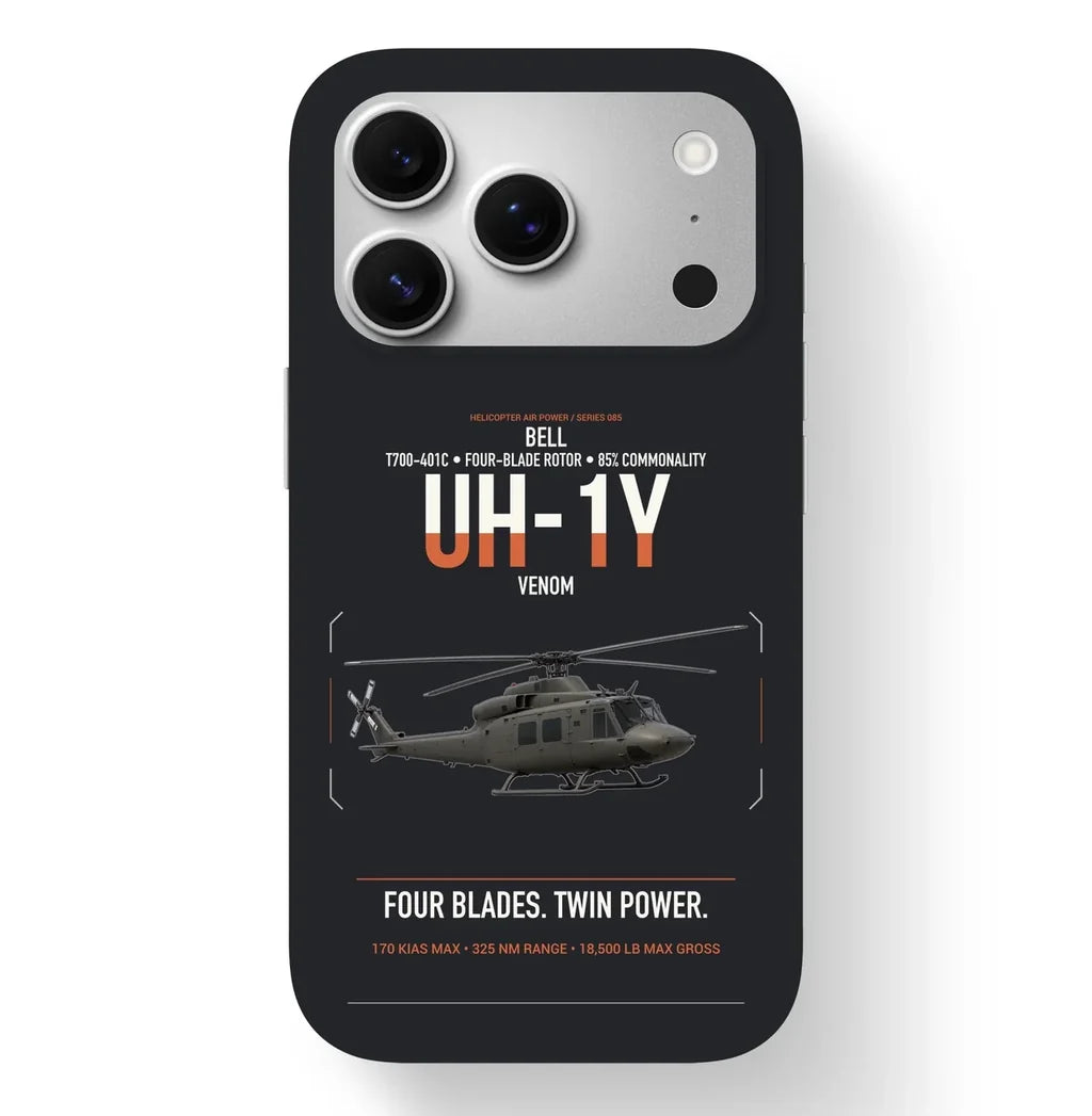 Bell UH-1Y Venom design on black magsafe iphone case, for iPhone 17 Pro
