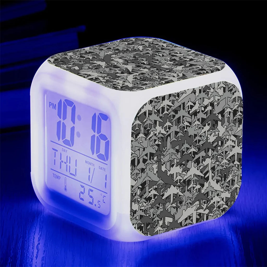Dark Coloured Airplanes "7 Colour" Digital Alarm aviation design on premium wood and metal table clock.