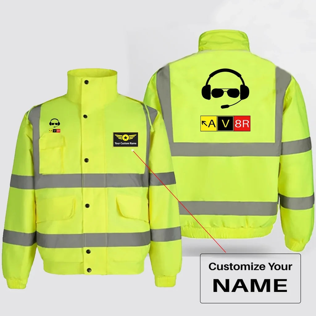 AV8R 2 aviation design printed on insulated shell with high-visibility reflective panels reflective winter jacket.