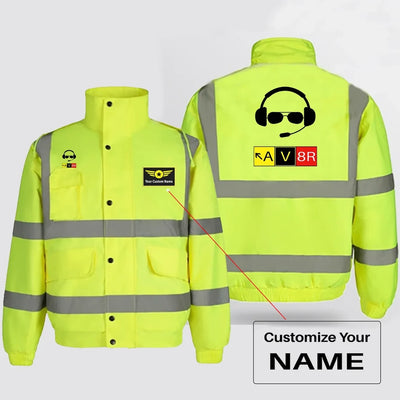 AV8R 2 aviation design printed on insulated shell with high-visibility reflective panels reflective winter jacket.
