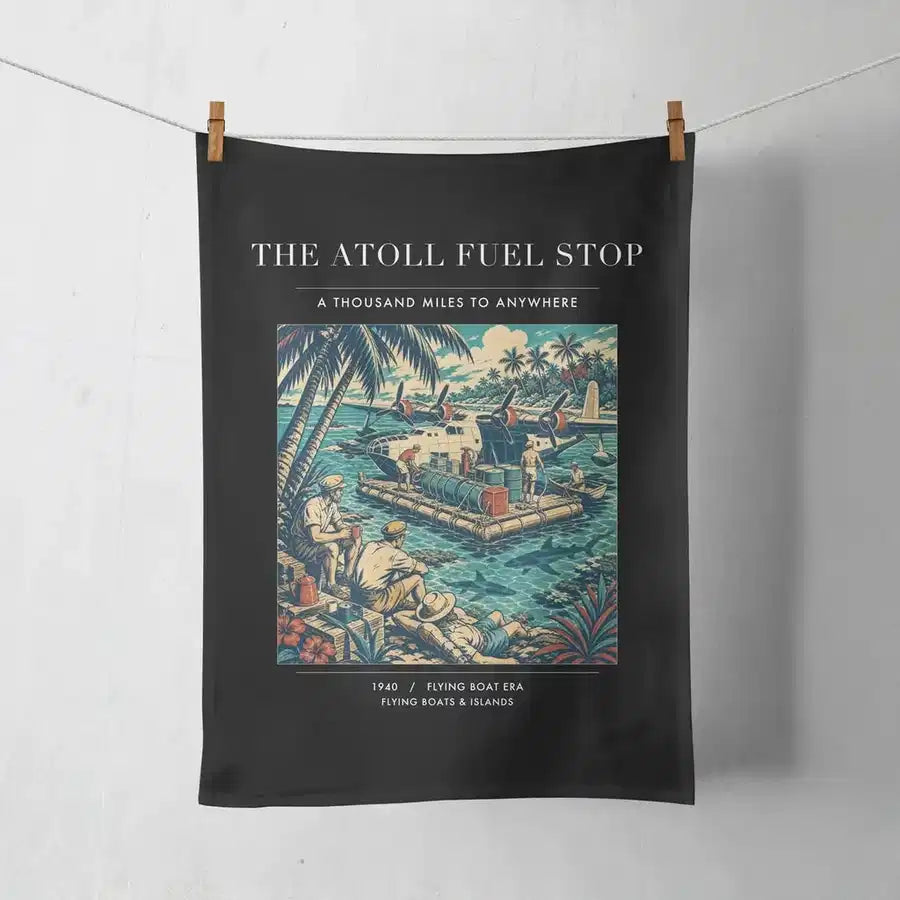 VINTAGE G4069 - The Atoll Fuel Stop - Designed Towels design on black