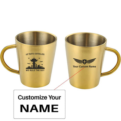 Air Traffic Controllers - We Rule The Sky aviation design on stainless coffee mug, durable stainless steel construction.