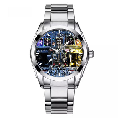 Boeing 737 Cockpit aviation-themed watch with stainless steel band, polished stainless steel.
