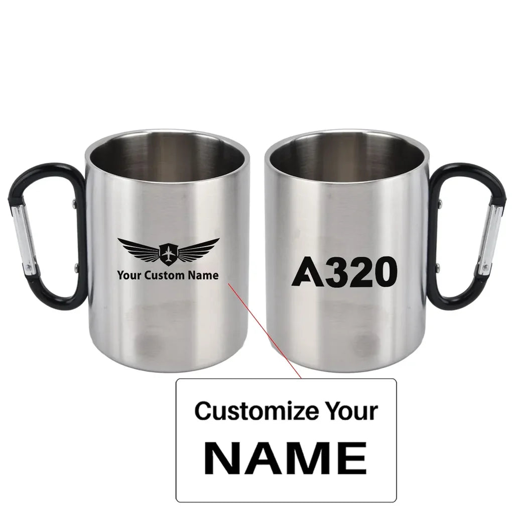 Airbus A320 Flat Text aviation design on outdoor mug, durable insulated construction.