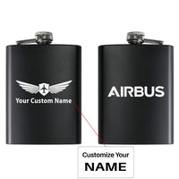 Thumbnail for Airbus & Text aviation design on stainless hip flask, compact pocket-size flask.