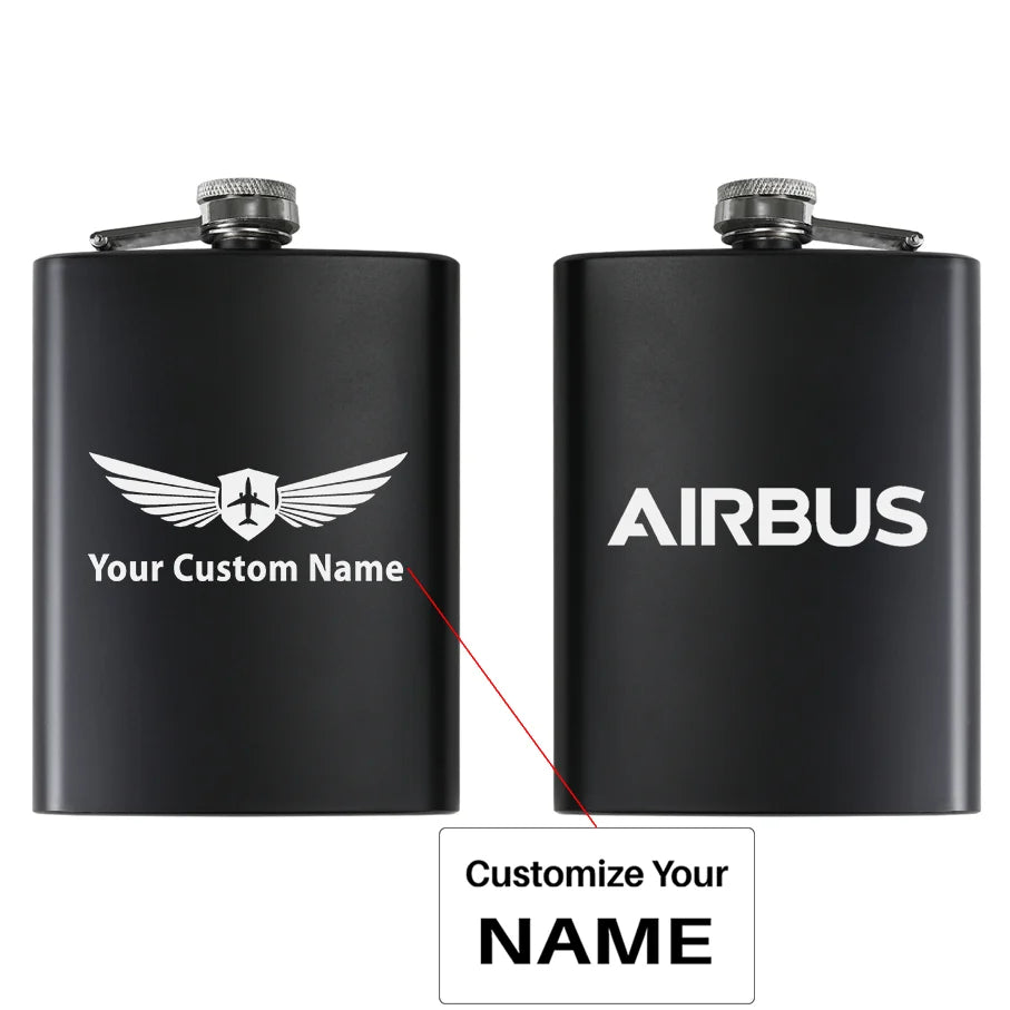 Airbus & Text aviation design on stainless hip flask, compact pocket-size flask.