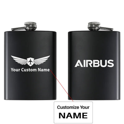 Airbus & Text aviation design on stainless hip flask, compact pocket-size flask.
