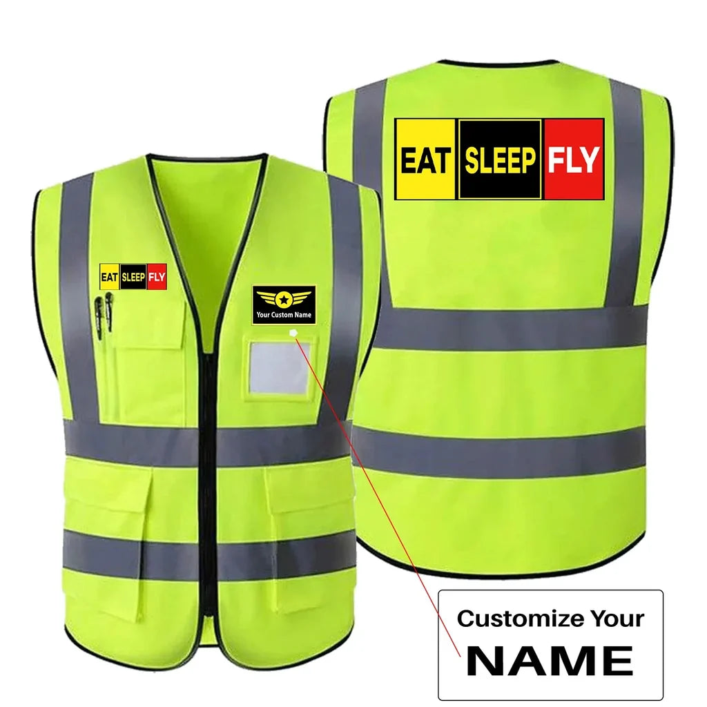 Eat Sleep Fly (Colourful) aviation design printed on high-visibility reflective fabric reflective vest.