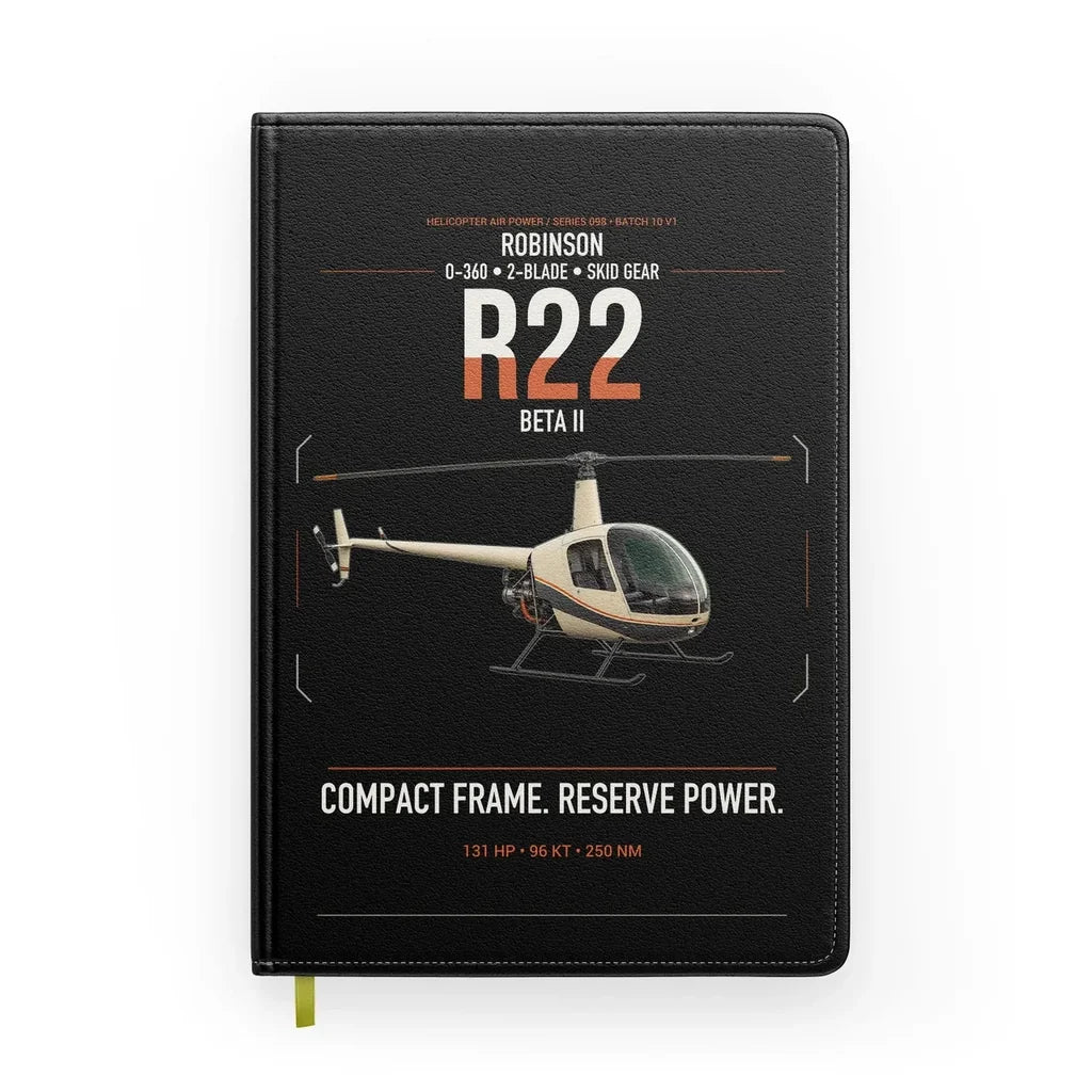 Robinson R22 Beta II design on black notebook