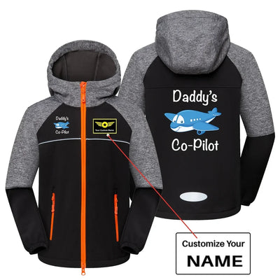 Daddy's Co-Pilot (Jet Airplane) aviation design printed on warm polar fleece kids' polar jacket.