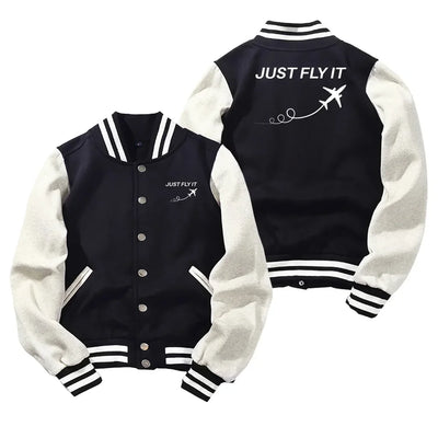 Just Fly It Baseball Style aviation design printed on two-tone shell with ribbed cuffs baseball jacket.