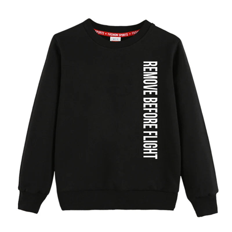 Remove Before Flight 2 "CHILDREN" aviation design printed on soft cotton blend kids' sweatshirt.