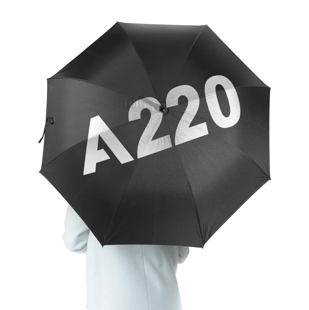 Airbus A220 Flat Text aviation design on windproof polyester umbrella.