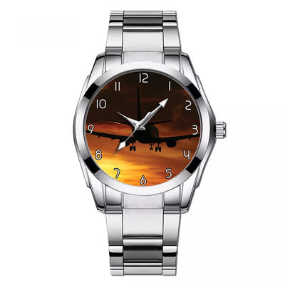 Beautiful Aircraft Landing at Sunset aviation-themed watch with stainless steel band, polished stainless steel.
