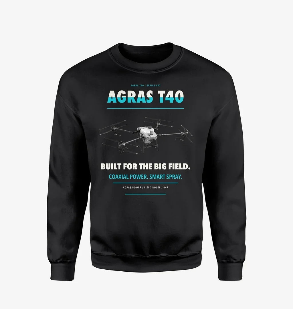 DJI Agras T40 design on black sweatshirt