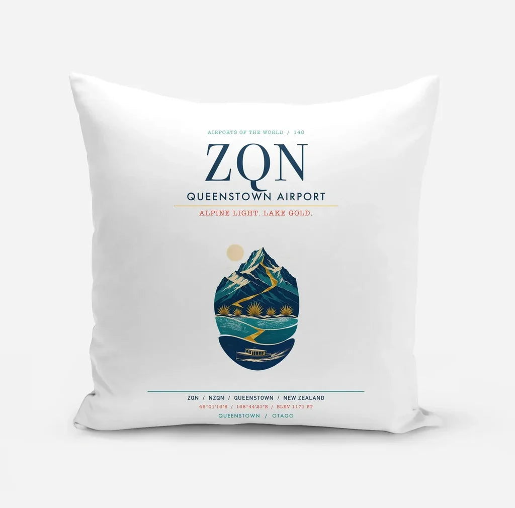 Queenstown Airport (ZQN) design on white pillow