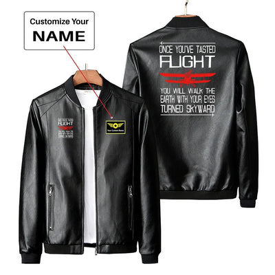 Once You've Tasted Flight PU aviation design printed on genuine leather with quilted lining leather jacket.