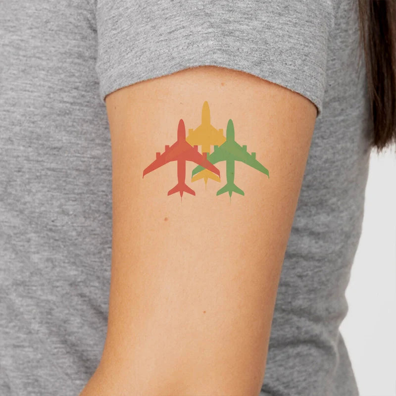 Colourful 3 Airplanes aviation temporary tattoo in skin-safe adhesive paper.