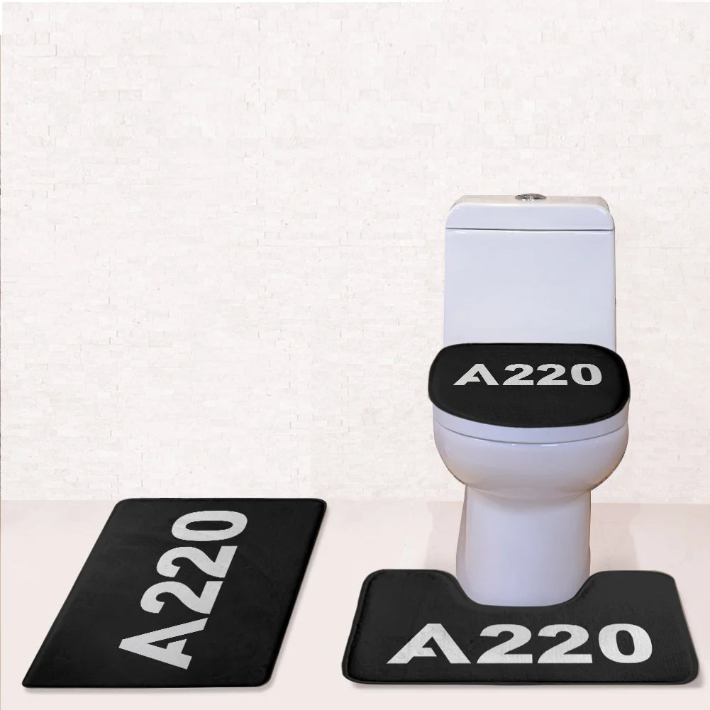 Airbus A220 Flat Text Toilet Seat Cover Three-piece aviation print on soft fabric toilet seat cover set.