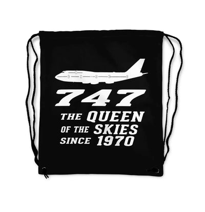 Boeing 747 - Queen of the Skies (2) aviation design drawstring bag, lightweight polyester construction.