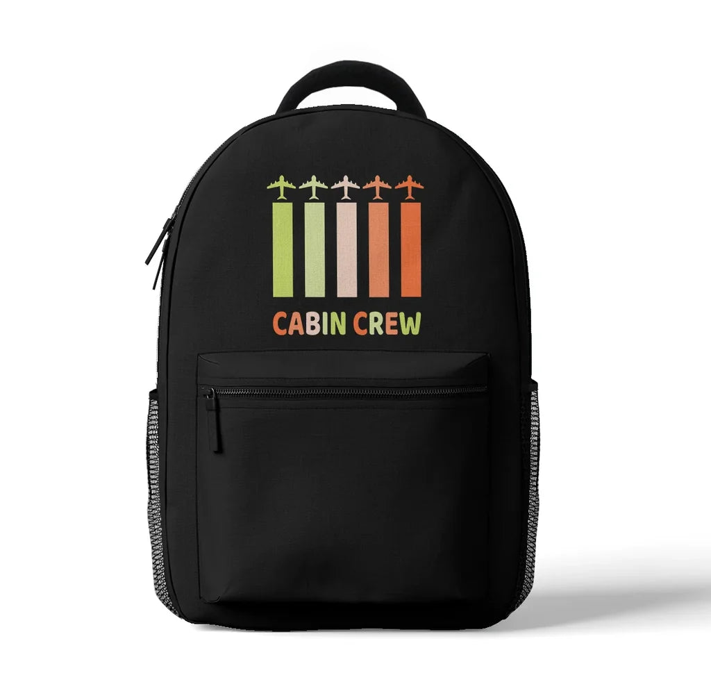 Colourful Cabin Crew aviation print backpack, durable polyester.