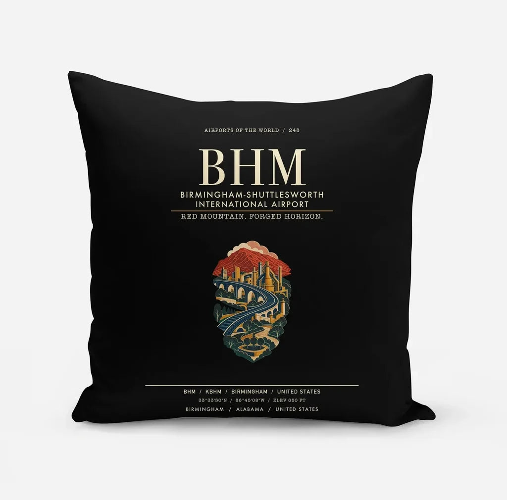 Birmingham-Shuttlesworth International Airport (BHM) design on black pillow