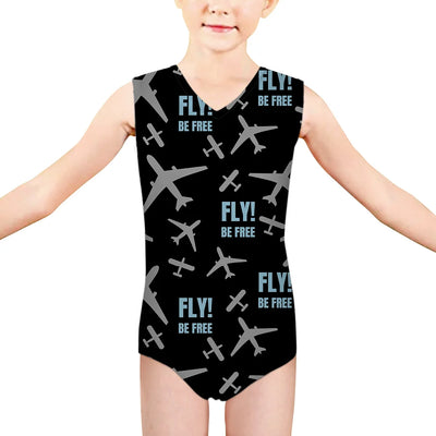 Fly Be Free Black aviation print on kids quick-dry fabric swimsuit.
