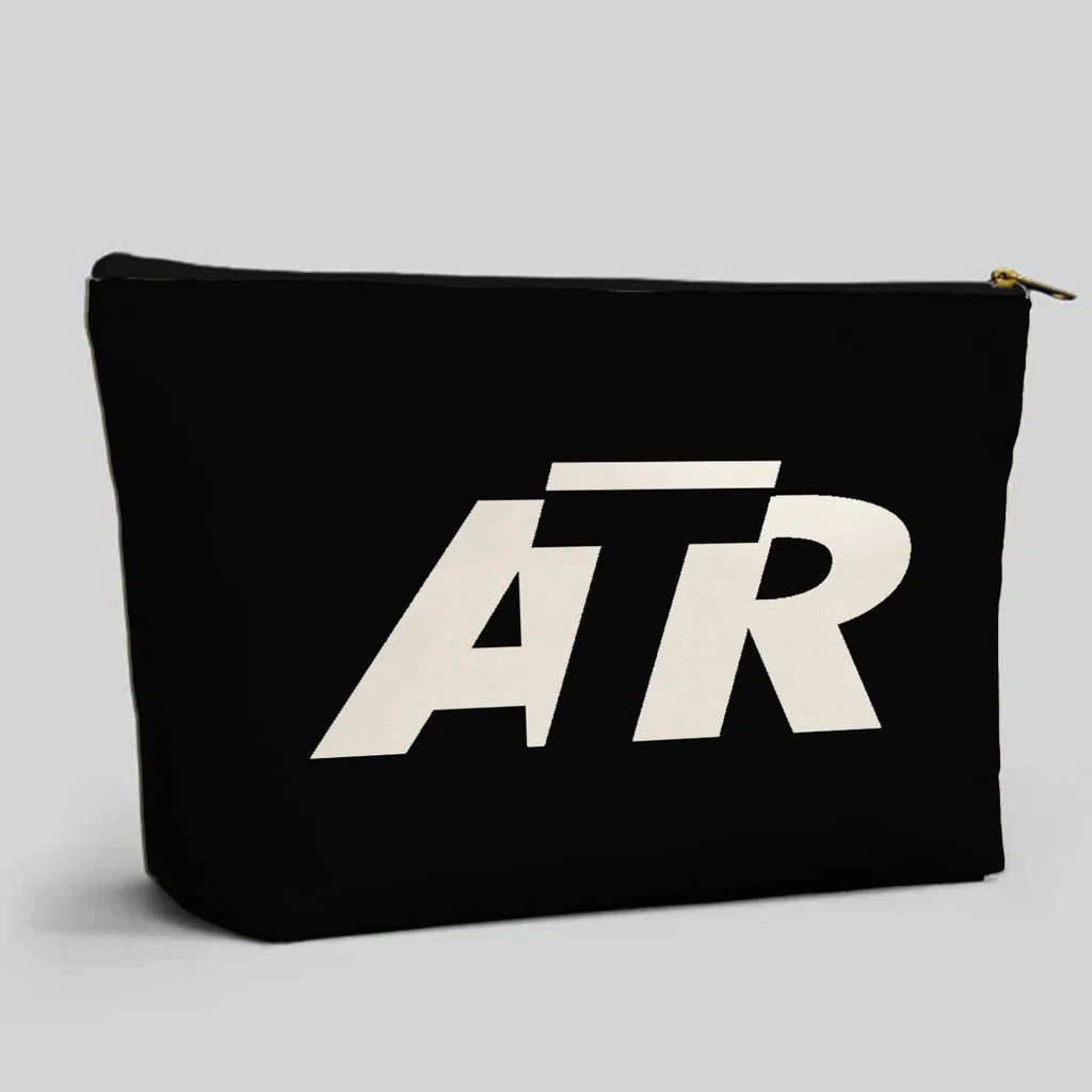 ATR & Text aviation design zipper pouch, durable polyester construction.
