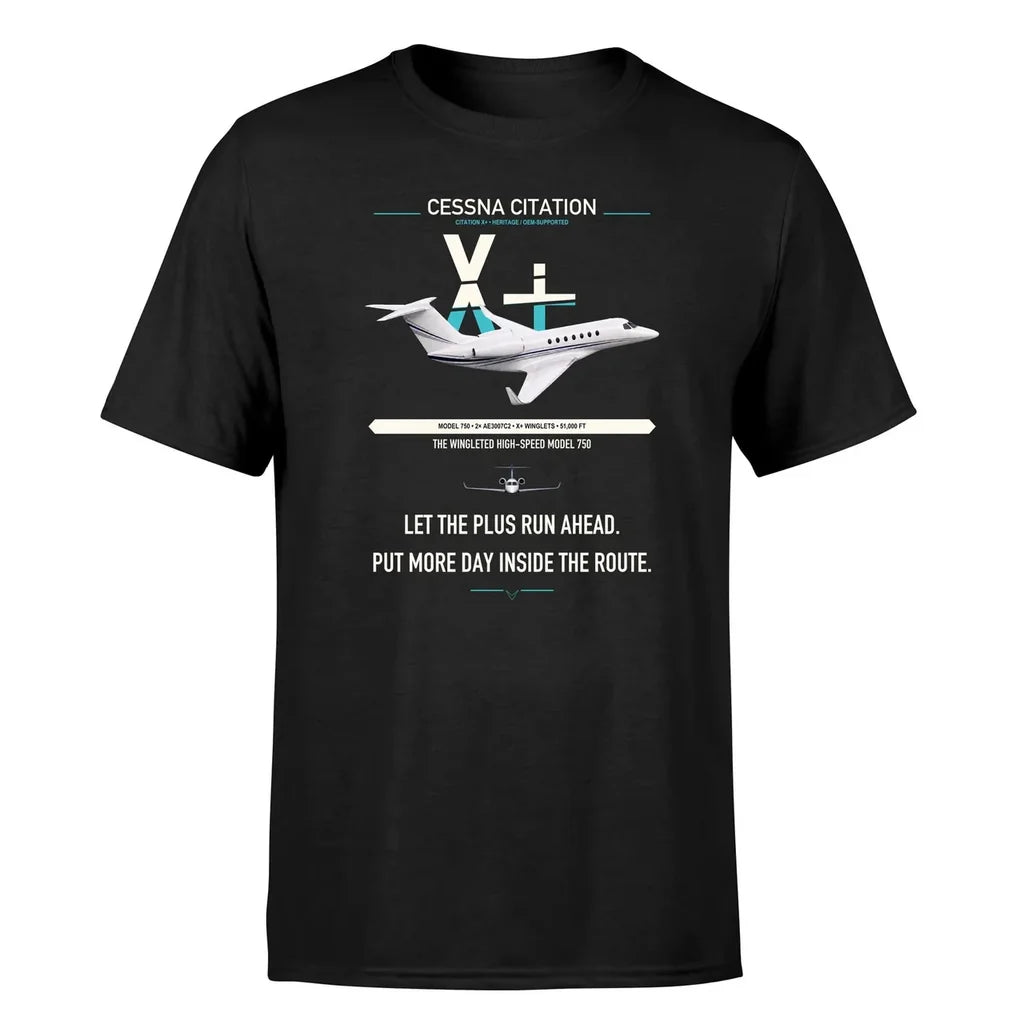 Cessna Citation X+ design on black double-side t-shirt, single-side print