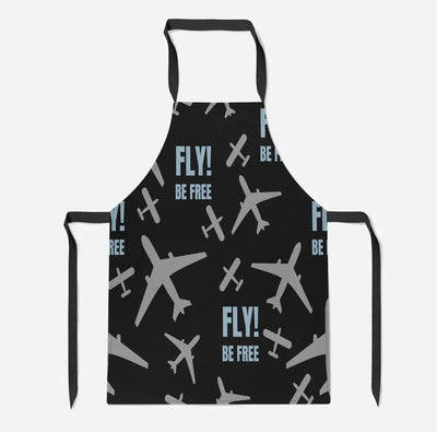 Fly Be Free Black aviation design on durable cotton blend kitchen apron.