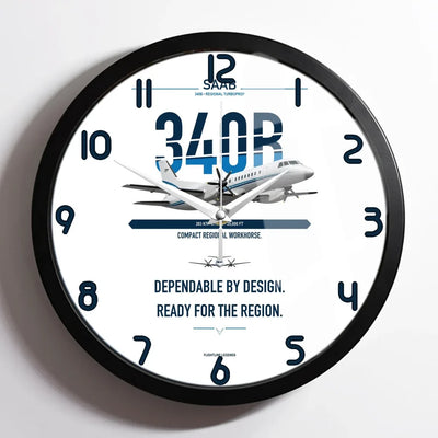Saab 340B design on white framed wall clock