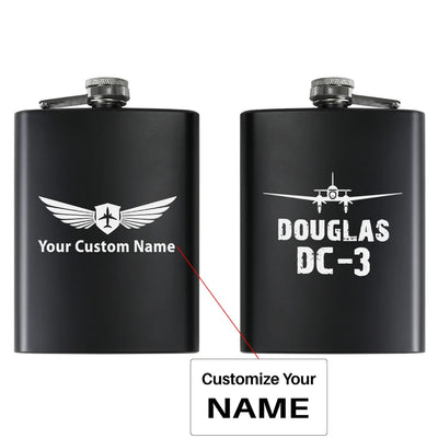 Douglas DC-3 & Plane aviation design on stainless hip flask, compact pocket-size flask.