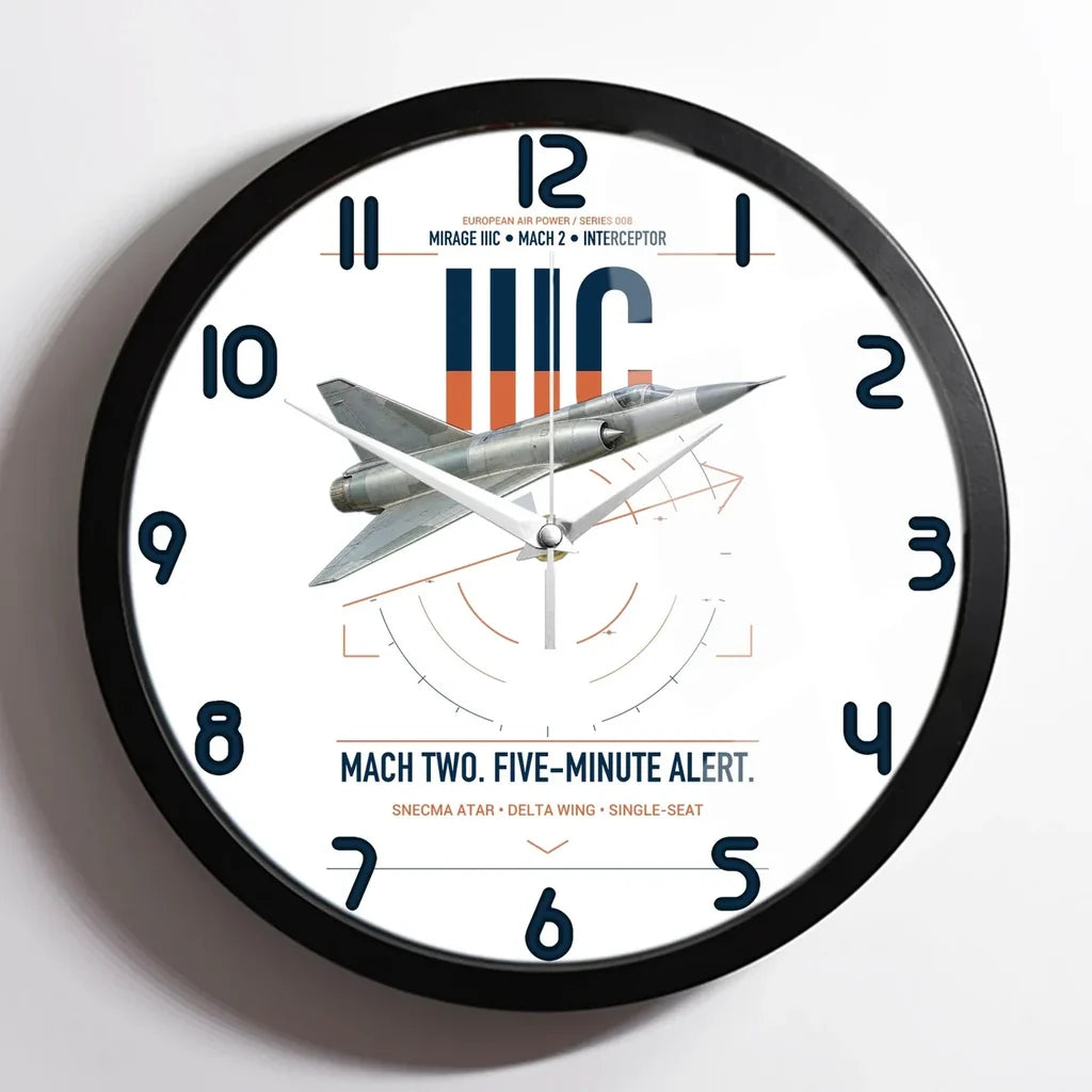 Dassault Mirage IIIC design on white framed wall clock