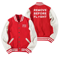 Thumbnail for Remove Before Flight Baseball Style aviation design printed on two-tone shell with ribbed cuffs baseball jacket.